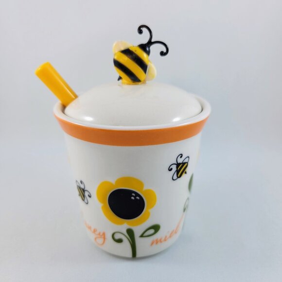 Sunflower Honey Pot Jar Bee Joie Ceramic Dipper White Yellow Flower Miel Read - Picture 4 of 11